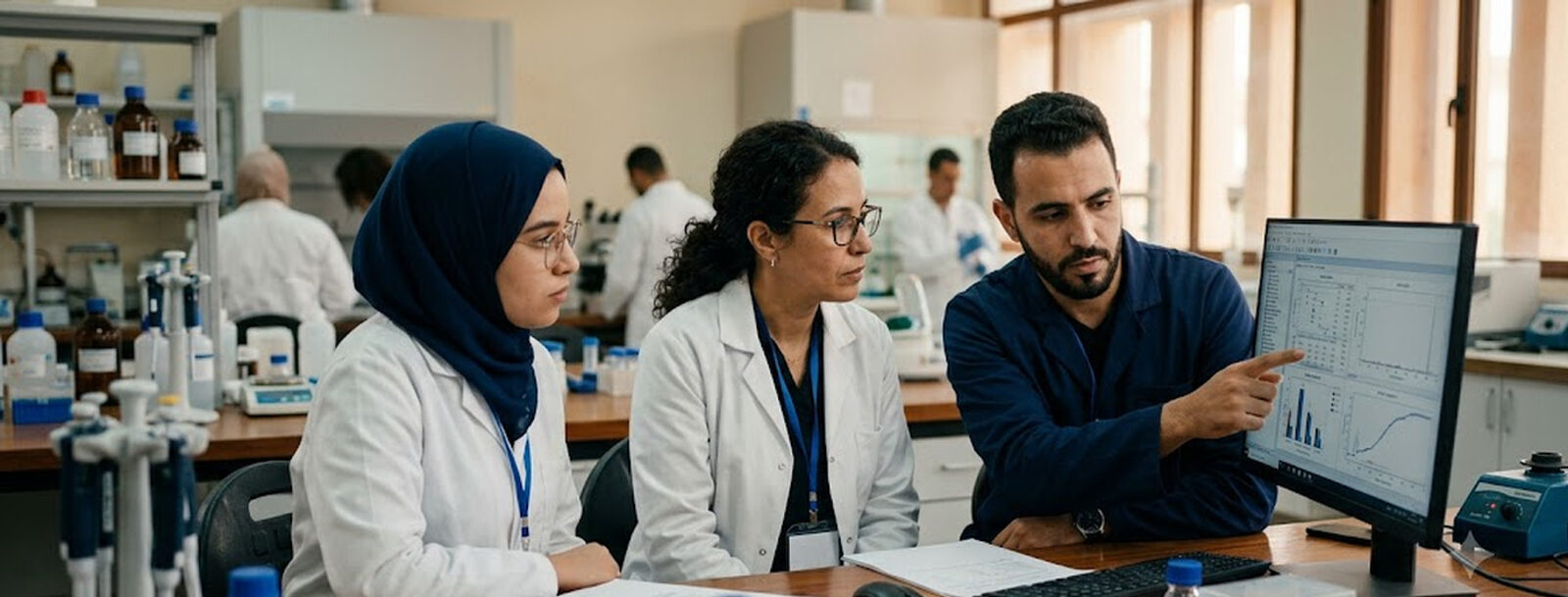 Équipe de laboratoire marocaine analysant des résultats d'analyse